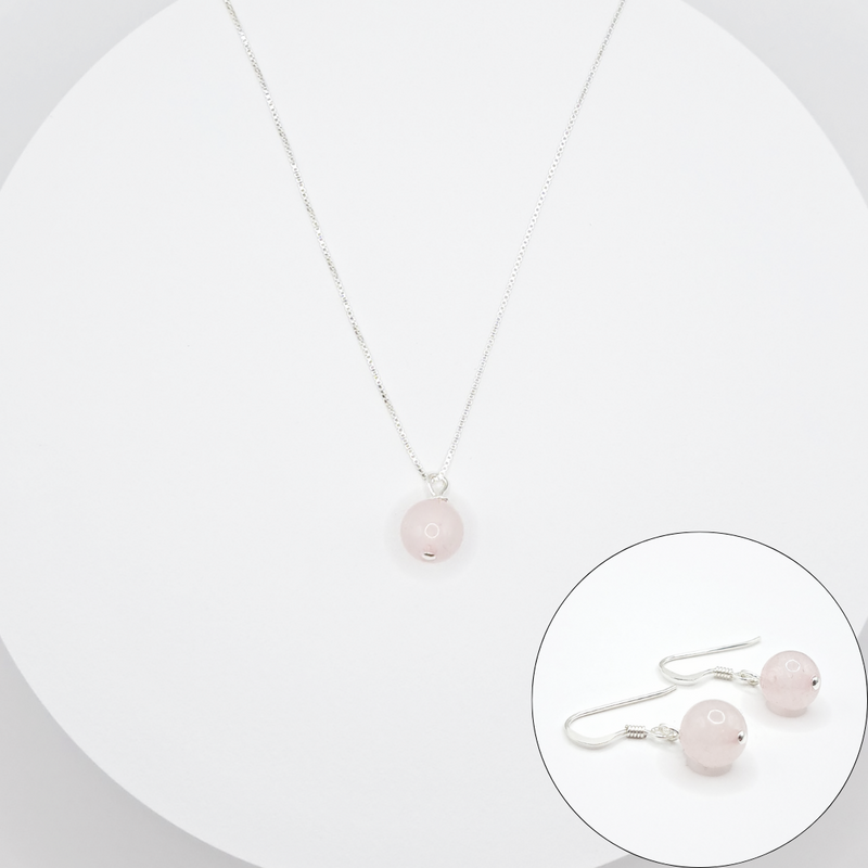 Classic Stone  8 mm korvakoru ja kaulakoru -setti ruusukvartsi